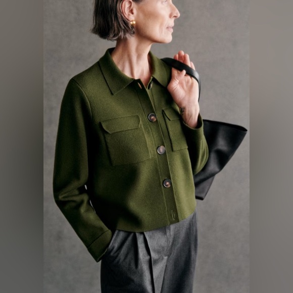 Sezane Jackets & Blazers - Sezane Khaki Green Betty Wool Cropped Button-Front Jacket